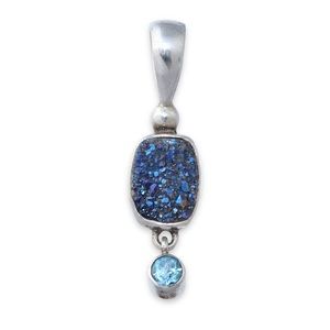 Sajen Druzy Quartz & Blue Topaz Sterling Silver Necklace Pendant Two Stone Drop